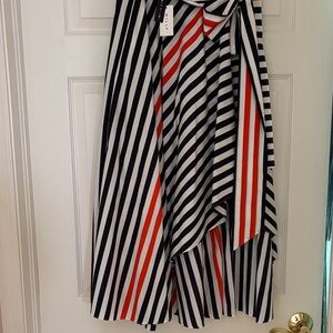 Milly Navy, White, and Orange Striped Asymmetrical Midi Skirt